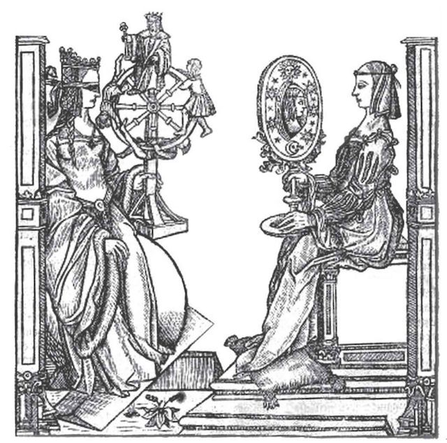 Fortuna, the wheel-toting goddess of chance (left), facing Sapientia, the divine goddess of science (right).